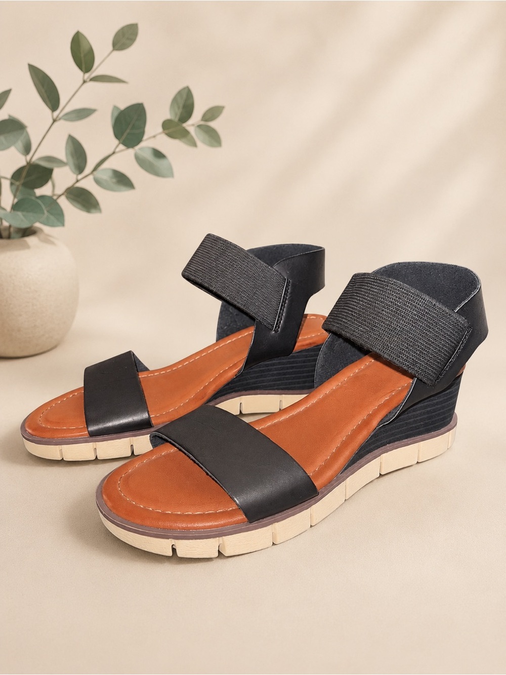 MIA Black and Tan Wedge Sandals with Elastic Ankle Strap